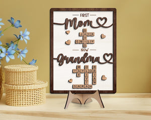 Gift For Mom, Grandma Gift, Mothers Day Gift, Personalized First Mom Now Grandma Wooden Sign, Crossword Puzzle Art Frame, Family Keepsake
