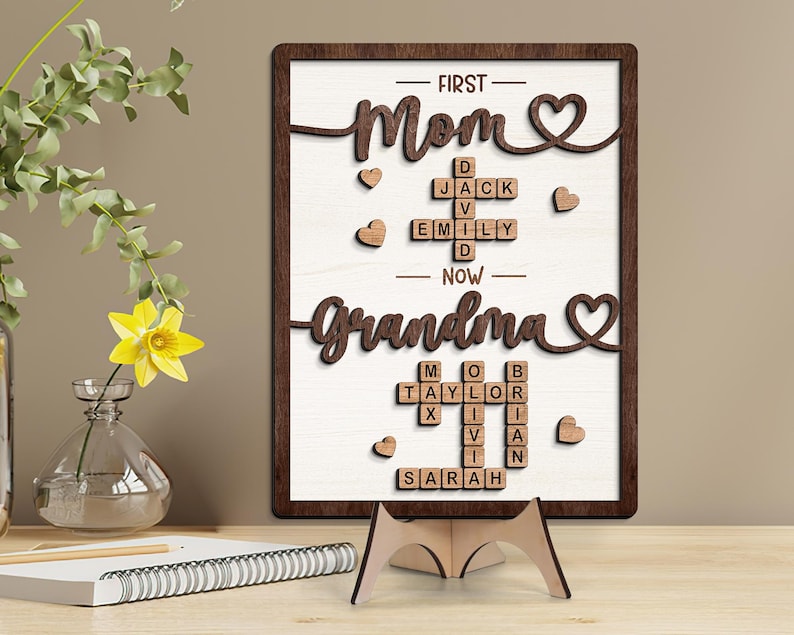 Gift For Mom, Grandma Gift, Mothers Day Gift, Personalized First Mom Now Grandma Wooden Sign, Crossword Puzzle Art Frame, Family Keepsake
