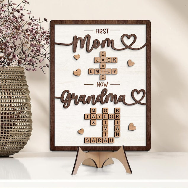 Gift For Mom, Grandma Gift, Mothers Day Gift, Personalized First Mom Now Grandma Wooden Sign, Crossword Puzzle Art Frame, Family Keepsake