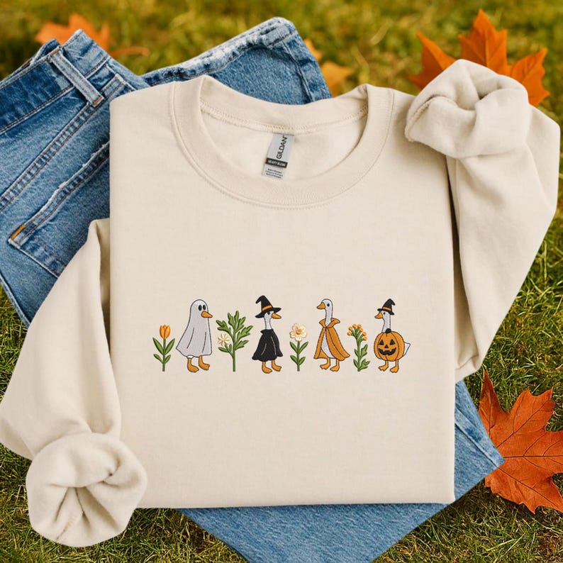 Embroidered Halloween Goose Sweatshirt Cute Fall Gildan Crewneck Pumpkin Witch Ghost Goose Shirt Fall Animal Pullover EMBROIDERED IN USA il_794xN.7126359921_bukm.jpg