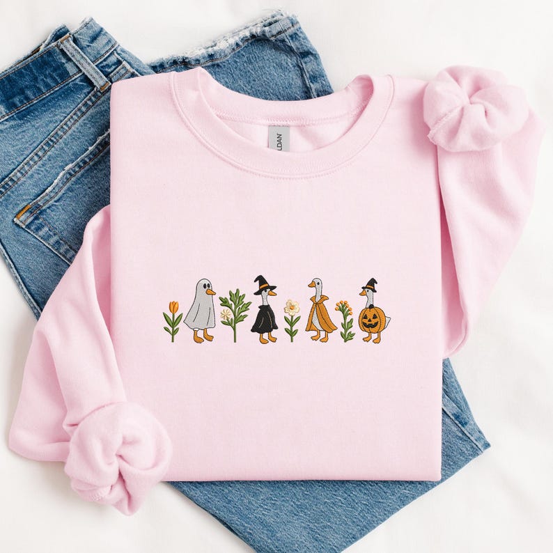 Embroidered Halloween Goose Sweatshirt Cute Fall Gildan Crewneck Pumpkin Witch Ghost Goose Shirt Fall Animal Pullover EMBROIDERED IN USA il_794xN.7126364809_3vx1.jpg