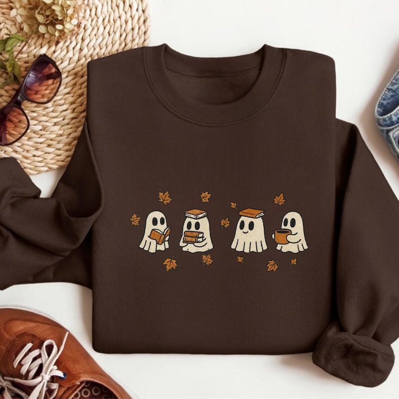 Embroidered Reading Ghost Sweatshirt, Cute Ghosts Reading Books Autumn Embroidered Shirt, Autumn Sweater, Halloween Gift For Bookish il_794xN.7127248453_hs1o.jpg