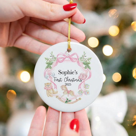 Personalized Baby Ornament First Christmas Ceramic Keepsake Custom Name Girl Pink Bow Teddy Bear Holiday Decoration Newborn Gift Porcelain