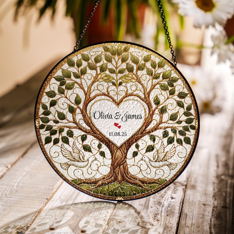 Wedding Tree Suncatcher Stained Glass Style, Personalized Wedding Gift for Bride & Groom