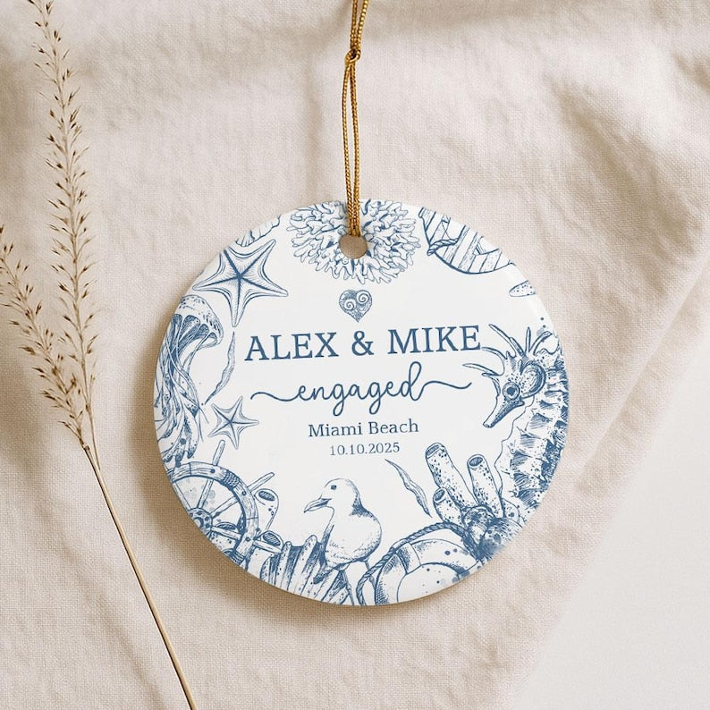 Beach Engaged Ornament, Engagement Christmas Ornament Gift, Engagement Party Gift, Personalized Engagement Gift, Gift For Newly Engaged