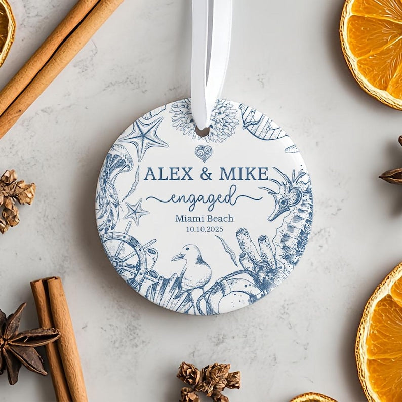 Beach Engaged Ornament, Engagement Christmas Ornament Gift, Engagement Party Gift, Personalized Engagement Gift, Gift For Newly Engaged