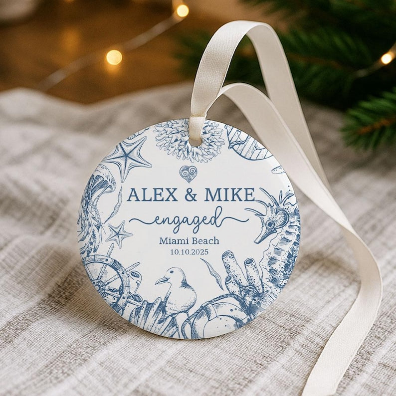 Beach Engaged Ornament, Engagement Christmas Ornament Gift, Engagement Party Gift, Personalized Engagement Gift, Gift For Newly Engaged