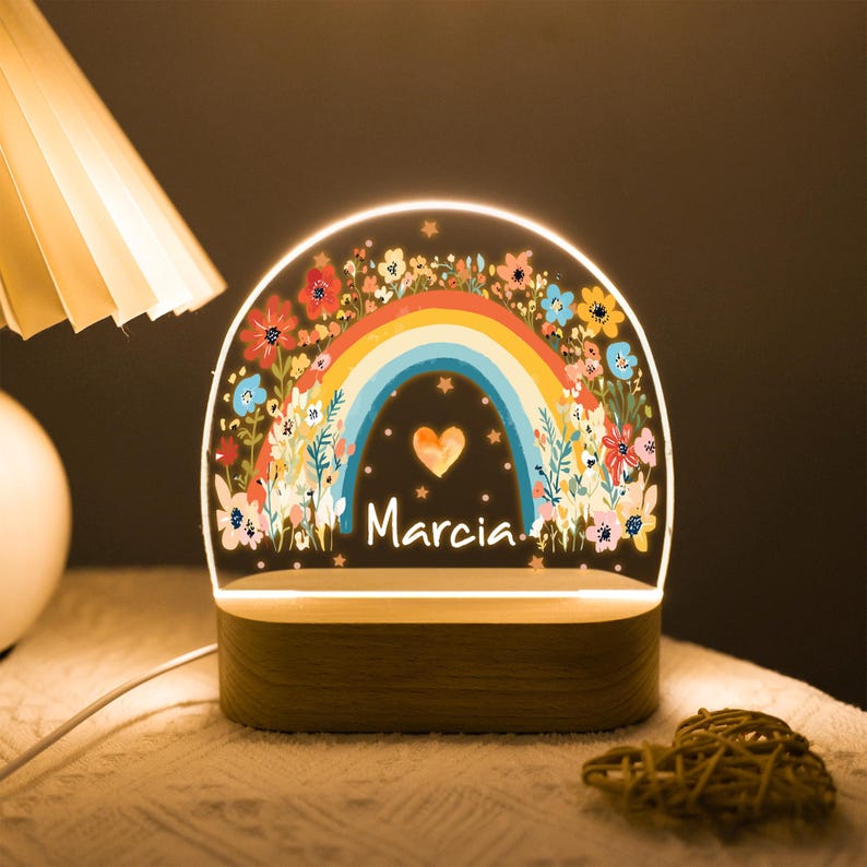 Personalized Rainbow with Floral Night Light, Custom Night Light for Baby Girl, Toddler Bedside Night Light, Flower Lamp for Nursery Decor