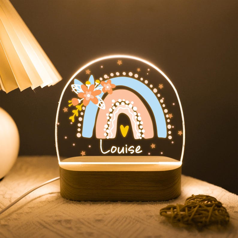 Personalized Rainbow with Floral Night Light, Custom Night Light for Baby Girl, Toddler Bedside Night Light, Flower Lamp for Nursery Decor