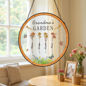 Custom Grandma's Gift, Month Flower Stain Acrylic Suncatcher, Mother's Day Gift , Grandma Gift From Grandson, Granddaughter, Nana's Garden