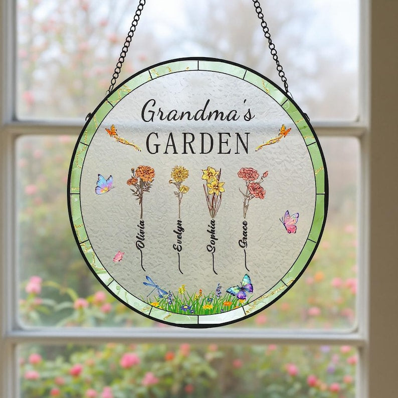 Custom Grandma's Gift, Month Flower Stain Acrylic Suncatcher, Mother's Day Gift , Grandma Gift From Grandson, Granddaughter, Nana's Garden