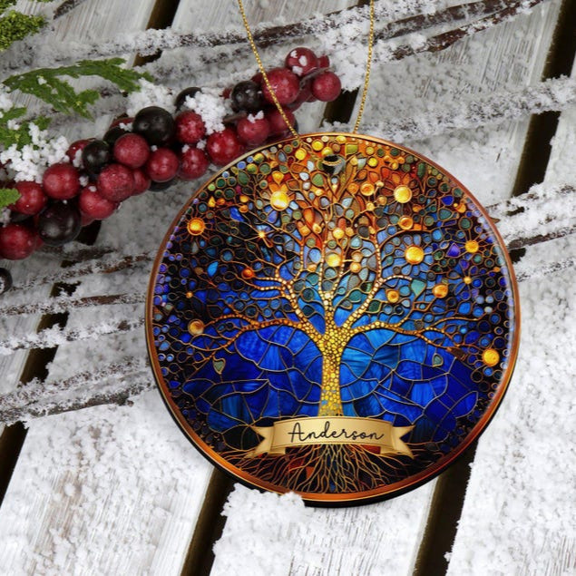2025 Tree of Life Christmas Ornament Custom Faux Stained Glass Ornament Vibrant Sun Catcher Decor Personalized Ceramic Home Ornament