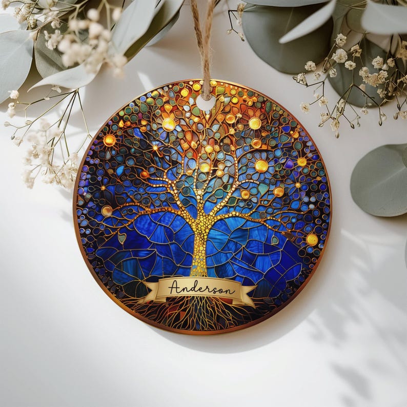 2025 Tree of Life Christmas Ornament Custom Faux Stained Glass Ornament Vibrant Sun Catcher Decor Personalized Ceramic Home Ornament