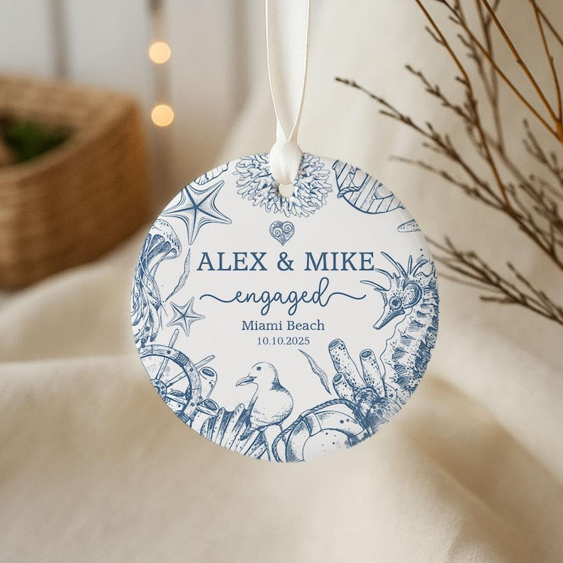 Beach Engaged Ornament, Engagement Christmas Ornament Gift, Engagement Party Gift, Personalized Engagement Gift, Gift For Newly Engaged