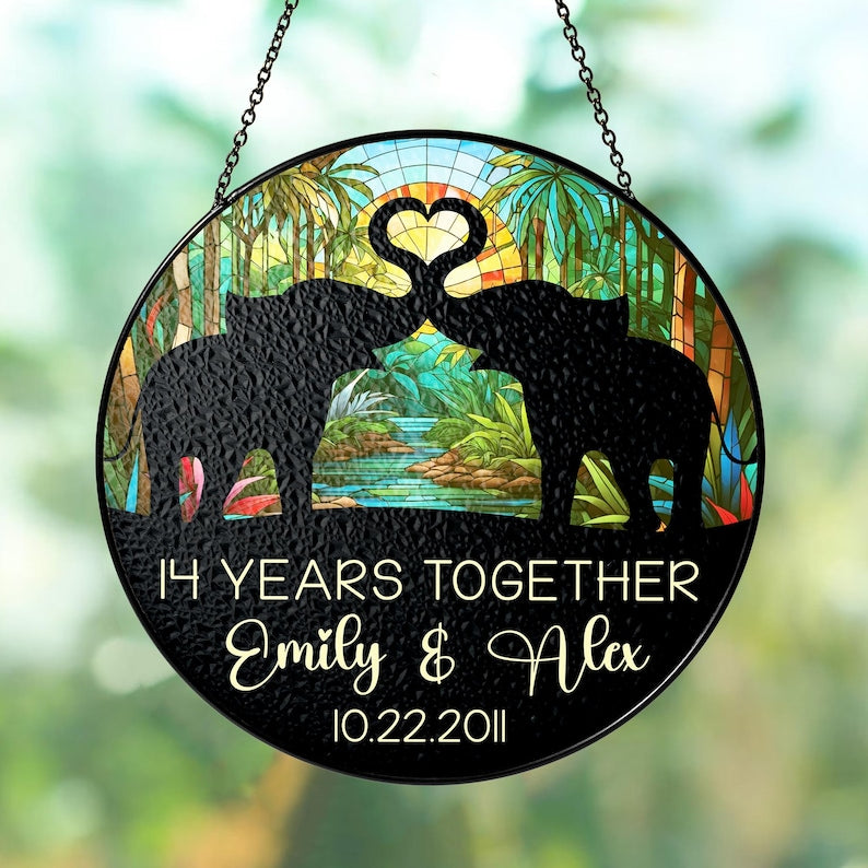 14th Ivory Wedding Anniversary Stained Glass Suncatcher, 14 Years Anniversary Gifts, Couples Gift, Elephants Couple, Gift for Wife