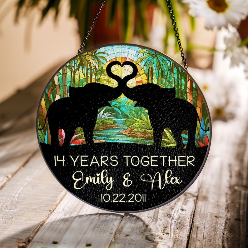 14th Ivory Wedding Anniversary Stained Glass Suncatcher, 14 Years Anniversary Gifts, Couples Gift, Elephants Couple, Gift for Wife