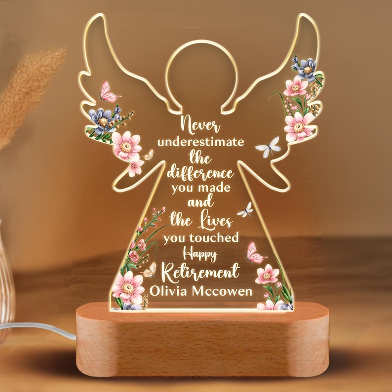 Personalized Retirement Gift: 3D Acrylic LED Lamp with Beech Wood Base