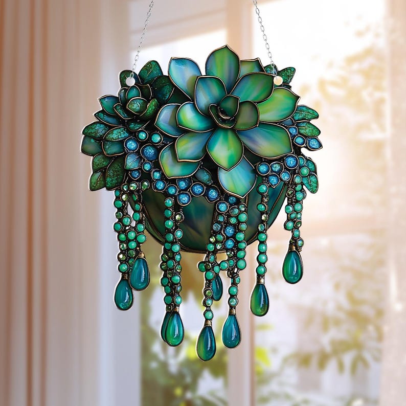 Acrylic Succulent Window Hanging: Boho Crystal Decor, Plant Lover Gift