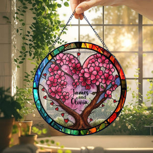 Personalized Couple Tree Heart Stained Glass Suncatcher, Custom Name Window Hanging Gift for Anniversary, Wedding or Valentine's Day