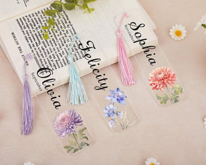 Customized name and birthday floral bookmark, Exquisite floral acrylic bookmark with tassel, Gift for friends, Reader Gift