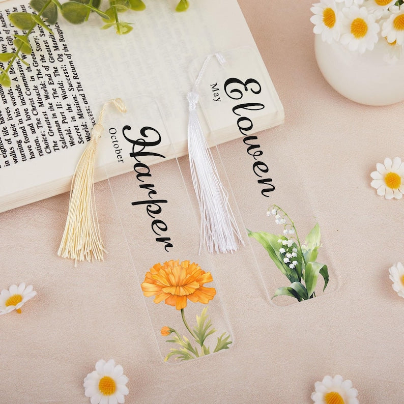 Customized name and birthday floral bookmark, Exquisite floral acrylic bookmark with tassel, Gift for friends, Reader Gift