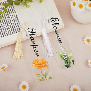 Customized name and birthday floral bookmark, Exquisite floral acrylic bookmark with tassel, Gift for friends, Reader Gift