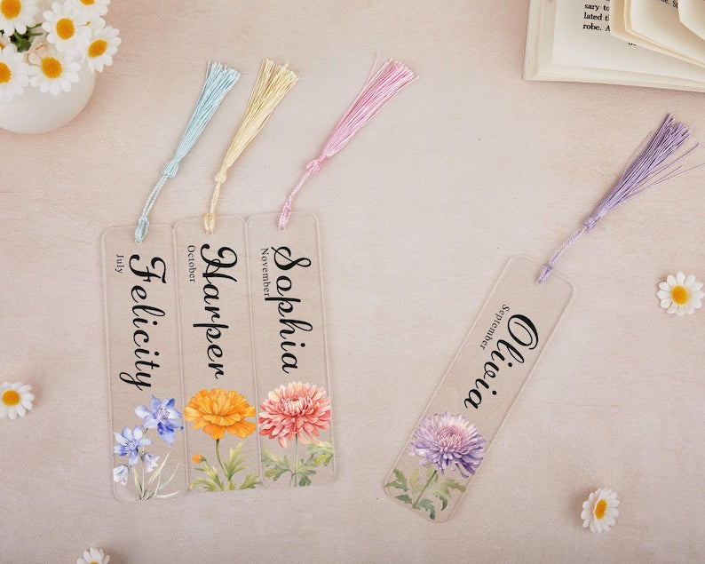 Customized name and birthday floral bookmark, Exquisite floral acrylic bookmark with tassel, Gift for friends, Reader Gift