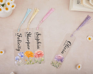 Customized name and birthday floral bookmark, Exquisite floral acrylic bookmark with tassel, Gift for friends, Reader Gift