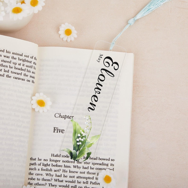 Customized name and birthday floral bookmark, Exquisite floral acrylic bookmark with tassel, Gift for friends, Reader Gift