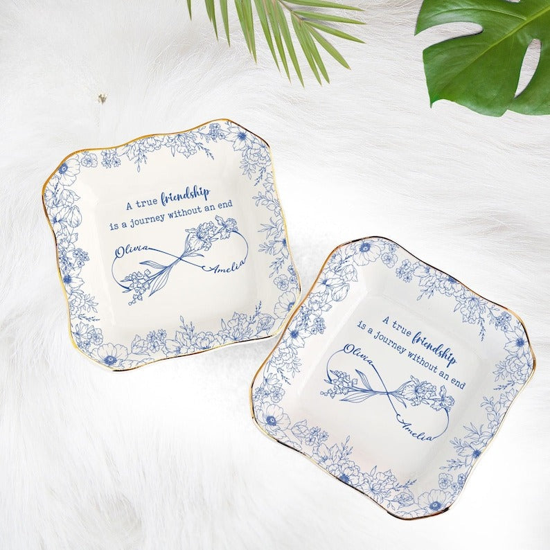 Custom A True Friendship Is A Journey Personalized Jewelry Dish, Gifts for Besties, BFF, Soul Sister, Flower with Name, Best Friend Gifts