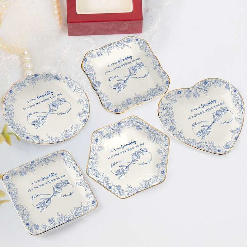 Custom A True Friendship Is A Journey Personalized Jewelry Dish, Gifts for Besties, BFF, Soul Sister, Flower with Name, Best Friend Gifts