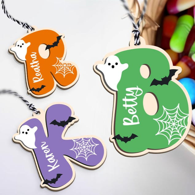 Custom Initial Name Halloween Tag with Kids Name, Spooky NameTag, Bucket Name Tag for Kids, Boo Basket Tag, 3D Wooden Tag