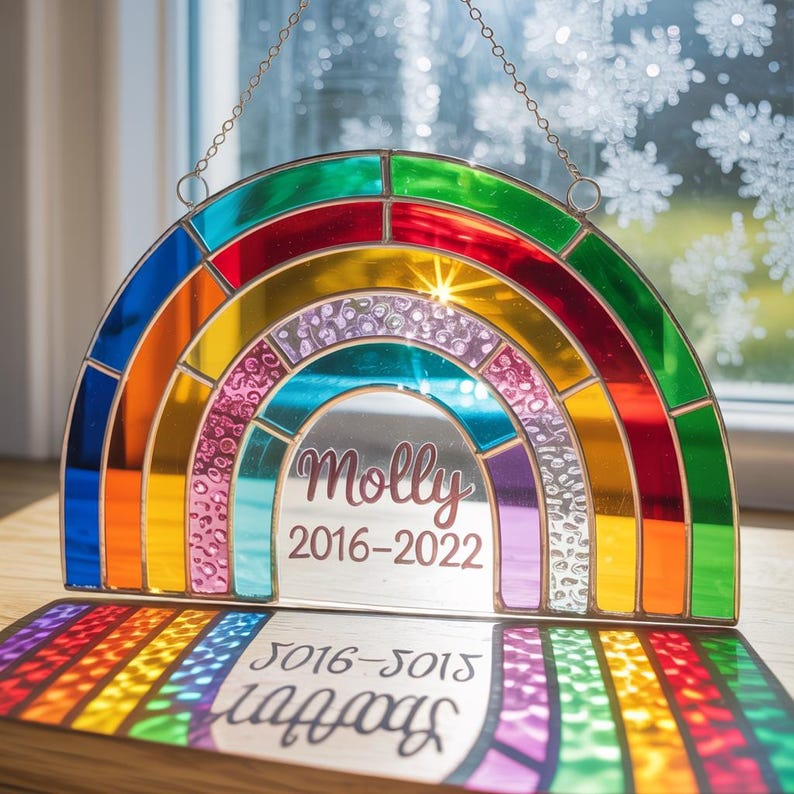Custom Rainbow Suncatcher, Rainbow Memory Suncatcher, Rainbow Stained Glass Window Suncatcher, Personalised Name Rainbow Hangings