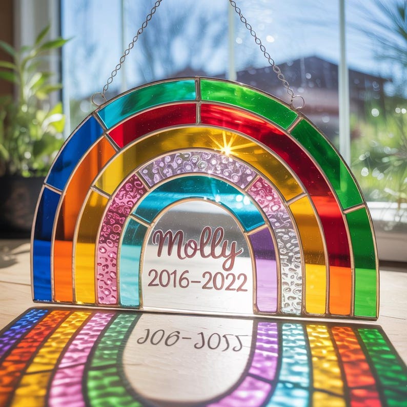 Custom Rainbow Suncatcher, Rainbow Memory Suncatcher, Rainbow Stained Glass Window Suncatcher, Personalised Name Rainbow Hangings