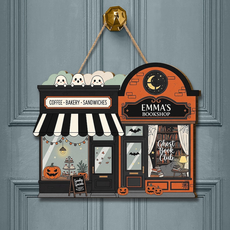 Custom Name Halloween Bookshop Coffee Shop Door Sign, Spooky Fall Decor, Ghost Book Club Wall Hanging, Pumpkin Bakery Caf Autumn Decoration