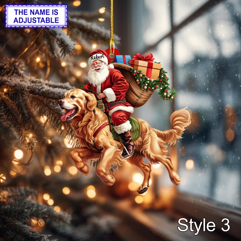 Santa Riding Golden Retriever Ornament Realistic Dog Christmas Tree Hanging Decoration, Funny Santa Claus Pet Lover Gift, Holiday Ornament