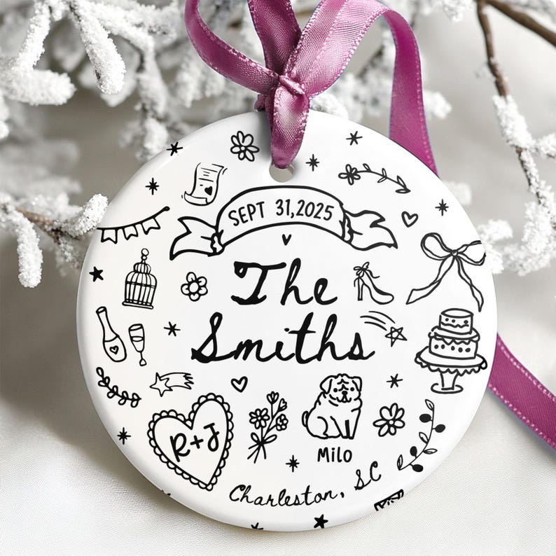 Custom Wedding Ornament, Personalized Wedding Gift with Names, Date & Location Ornament for Bride and Groom, Christmas Gift, Engagement Gift