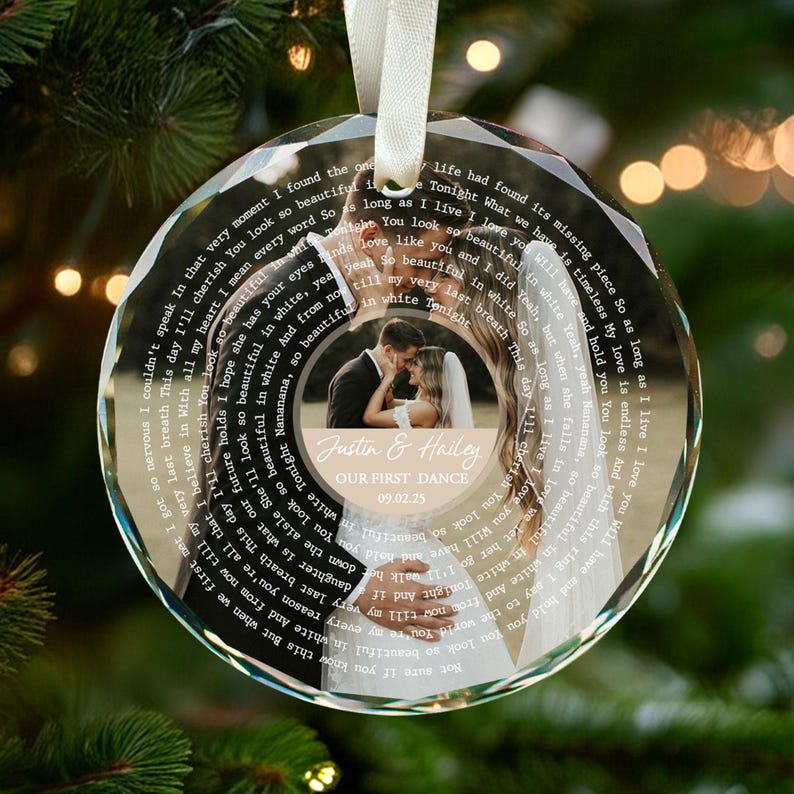 Personalized Song Lyrics Ornament, Custom Wedding Photo Glass Ornament, Couple First Christmas Married Ornament, Wedding Anniversary Gift