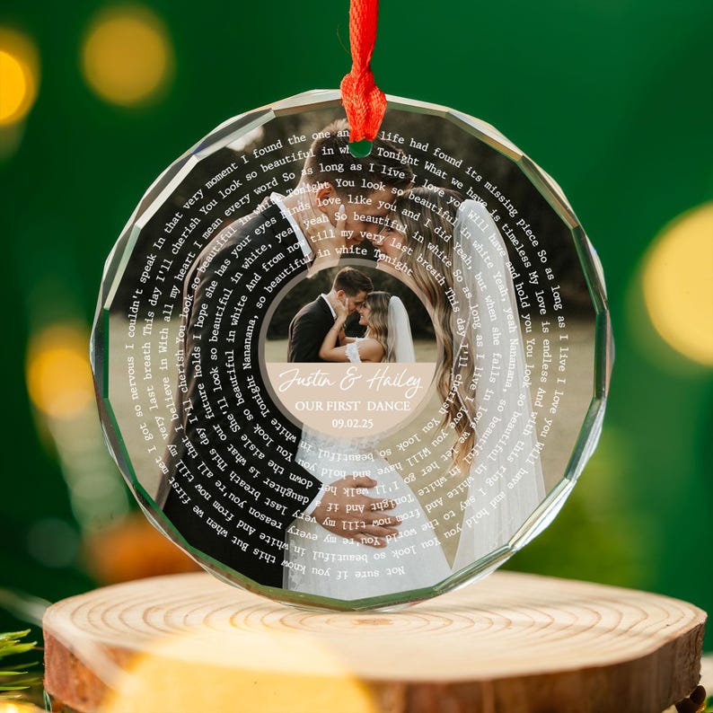 Personalized Song Lyrics Ornament, Custom Wedding Photo Glass Ornament, Couple First Christmas Married Ornament, Wedding Anniversary Gift