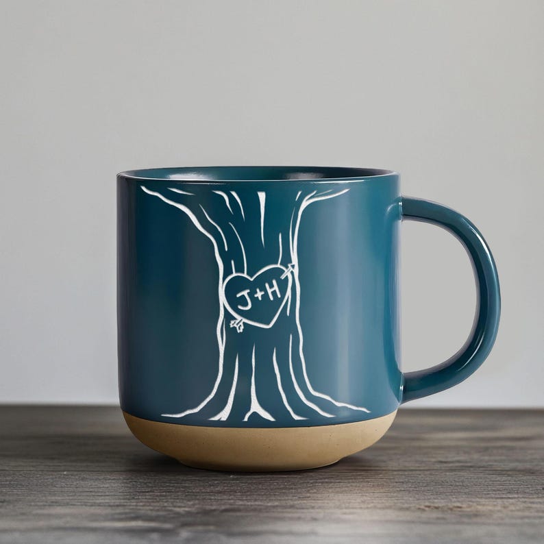 Personalised Engraved Couple Pottery Mug, Wedding Gift, Custom Carved Initials In A Heart Tree Couple Mug, Engagement Gifts, Newlywed Gift