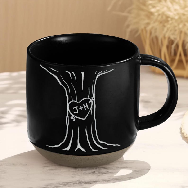 Personalised Engraved Couple Pottery Mug, Wedding Gift, Custom Carved Initials In A Heart Tree Couple Mug, Engagement Gifts, Newlywed Gift