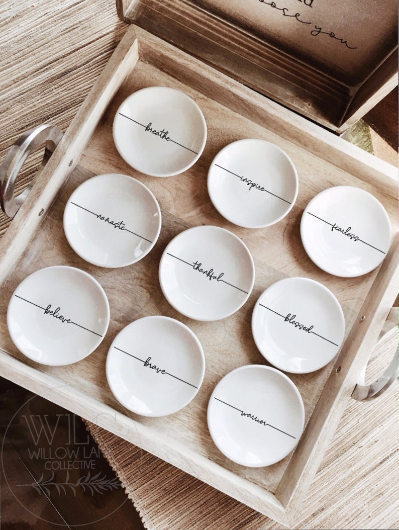 Custom Affirmation Ring Dish, Engraved Jewelry Tray, Personalized Trinket Holder Bridesmaid Engagement Gift