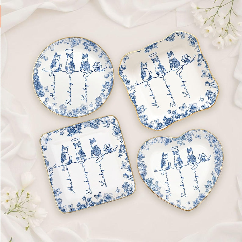 Toile De Jouy Cute Cat With Name Ring Dish, Gift For Cat Owner, Personalised Gift For Pet Lover,Cat Mom Trinket Tray Cat Memorial Gift