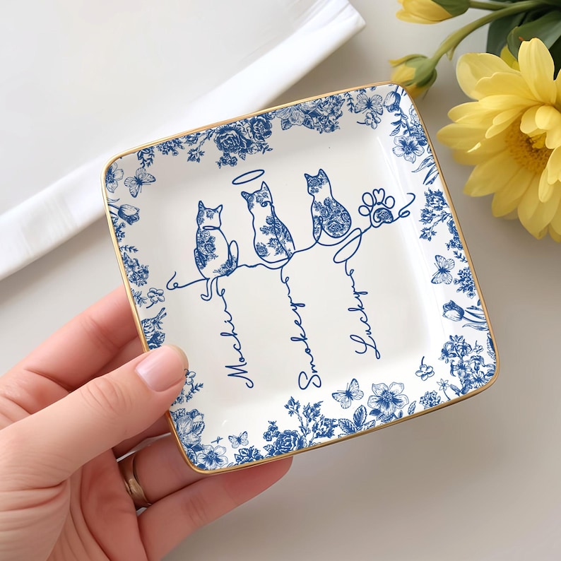 Toile De Jouy Cute Cat With Name Ring Dish, Gift For Cat Owner, Personalised Gift For Pet Lover,Cat Mom Trinket Tray Cat Memorial Gift