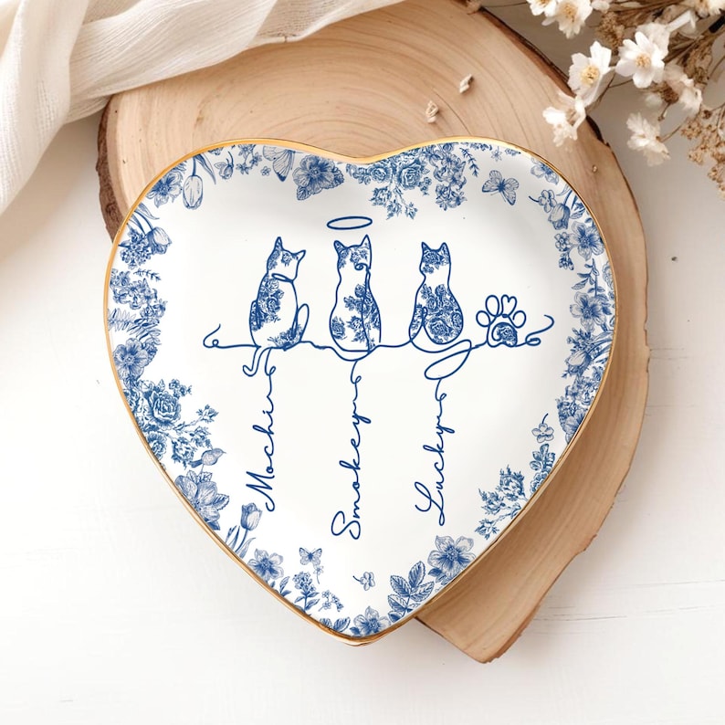 Toile De Jouy Cute Cat With Name Ring Dish, Gift For Cat Owner, Personalised Gift For Pet Lover,Cat Mom Trinket Tray Cat Memorial Gift
