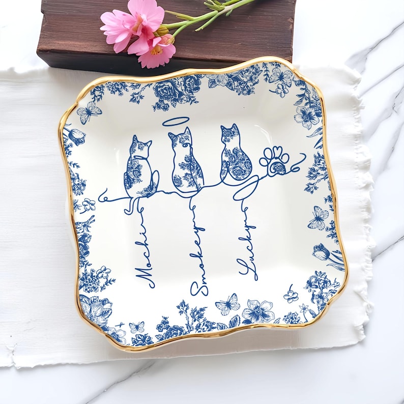 Toile De Jouy Cute Cat With Name Ring Dish, Gift For Cat Owner, Personalised Gift For Pet Lover,Cat Mom Trinket Tray Cat Memorial Gift