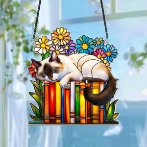 Cat Book flower Acrylic Suncatcher Window Hanging, Book Window Decor, Book Lover Gifts, Book Ornament, teacher gift, Librarian Gifts