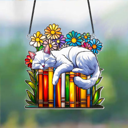 Cat Book flower Acrylic Suncatcher Window Hanging, Book Window Decor, Book Lover Gifts, Book Ornament, teacher gift, Librarian Gifts