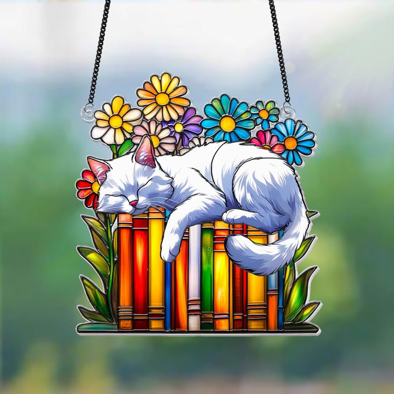Cat Book flower Acrylic Suncatcher Window Hanging, Book Window Decor, Book Lover Gifts, Book Ornament, teacher gift, Librarian Gifts