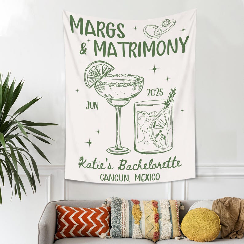 Custom Margs and Matrimony Tapestry, Beach Bachelorette Photo Backdrop, Margaritas Matrimony Bachelorette Party Decor, Bachelorette Banner